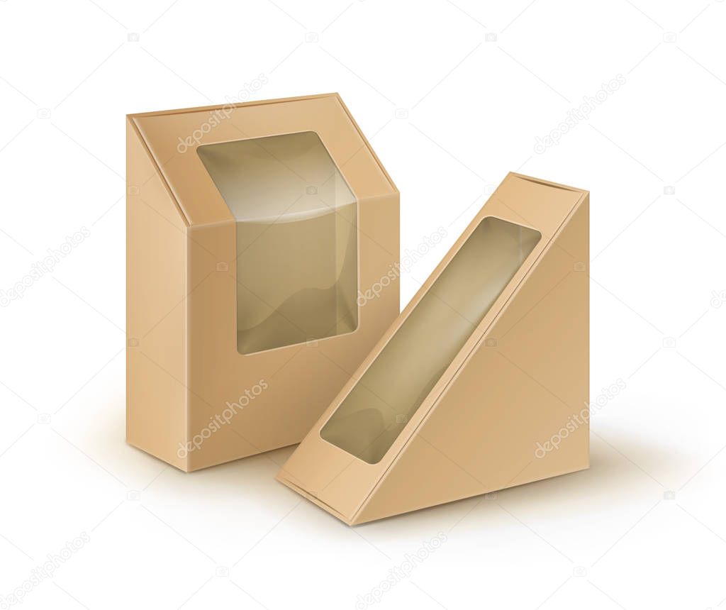 Vector Set of Brown Blank Cardboard Rectangle Triangle Take Away Boxes Packaging For Sandwich, Food, Gift, Other Products with Plastic Window Mock up Close up Isolated on White Background