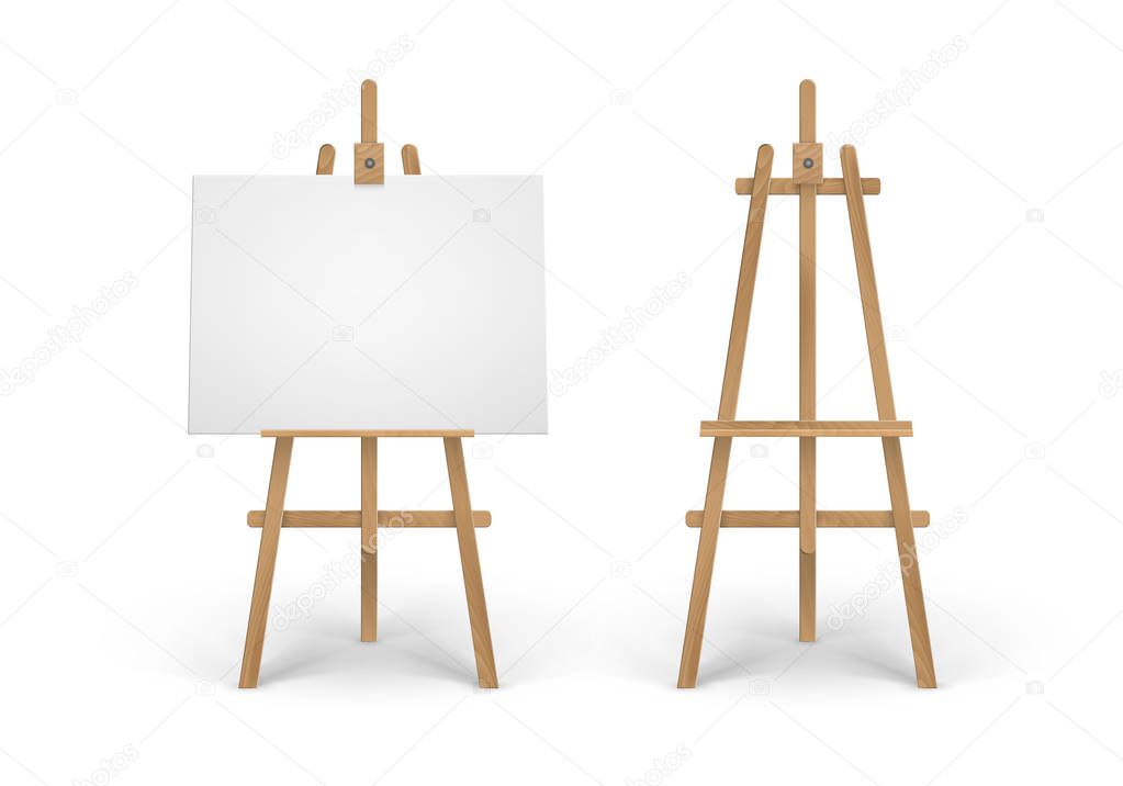 Vector Set of Wooden Brown Sienna Easel with Mock Up Empty Blank Canvas Isolated on Background