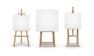 Vektör kümesi ile sahte kadar boş boş tuval üzerinde arka izole kahverengi Sienna ahşap Easels