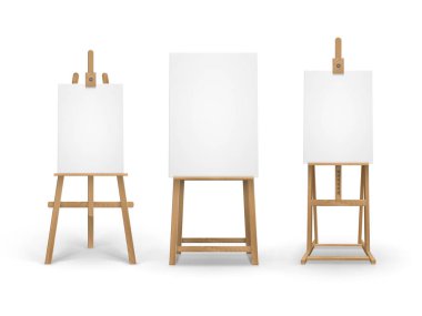 Vektör kümesi ile sahte kadar boş boş dikey tuval üzerinde arka izole kahverengi Sienna ahşap Easels