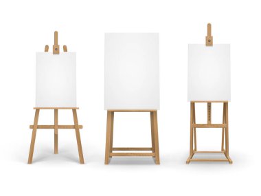 Vector Set of Brown Sienna Wooden Easels with Mock Up Empty Blank Vertical Canvases Isolated on Background clipart