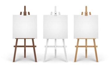 Ahşap kahverengi beyaz Sienna Easels boş boş kare tuval üzerinde arka izole kadar sahte ile vektör kümesi