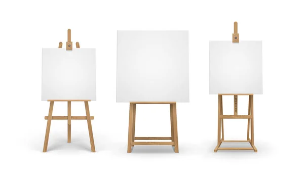 Vector Set of Brown Sienna Wooden Easels with Mock Up Empty Blank Canvases Isolated on Background — Stock Vector