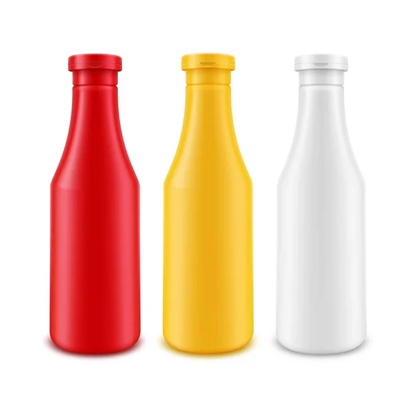 Ensemble vectoriel de bouteille de ketchup à la moutarde blanche, rouge et jaune, en plastique blanc, pour la marque sans étiquette Isolé sur fond — Image vectorielle