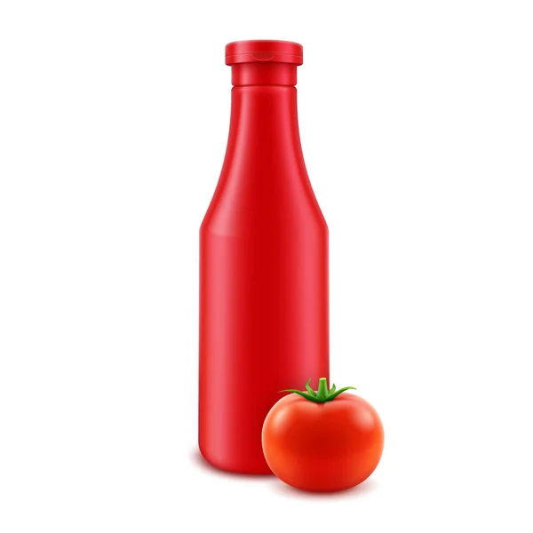 矢量空白塑料番茄番茄酱瓶在白色背景下无标签与新鲜西红柿隔绝 — 图库矢量图片