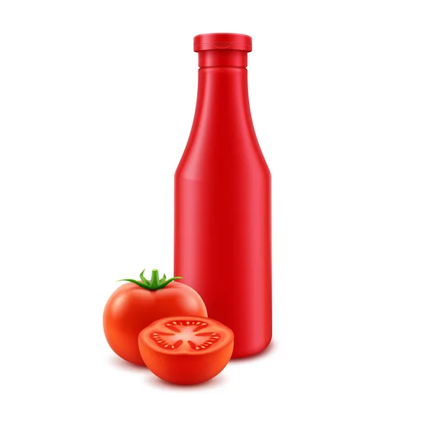 Vector en blanco plástico rojo tomate Ketchup botella para Branding sin etiqueta aislado con tomates frescos sobre fondo blanco — Archivo Imágenes Vectoriales