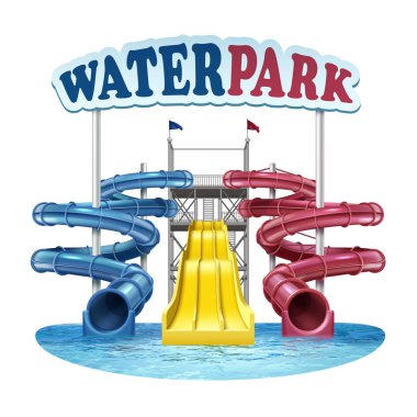 Vector illustration of screw plastic blue, red and yellow slides with water in pool at water park on white background clipart