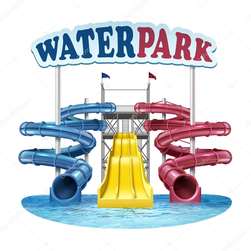 Vector illustration of screw plastic blue, red and yellow slides with water in pool at water park on white background