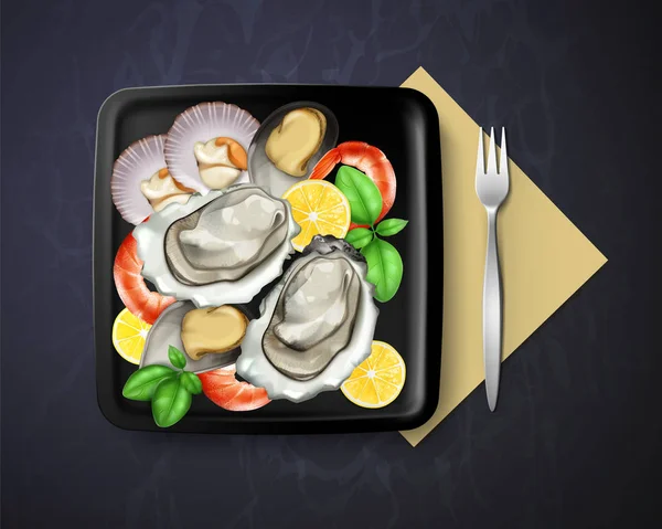 Vecteur de plat aux huîtres, moules et crevettes servi citron et basilic en assiette carrée noire avec fourchette, vue de dessus — Image vectorielle