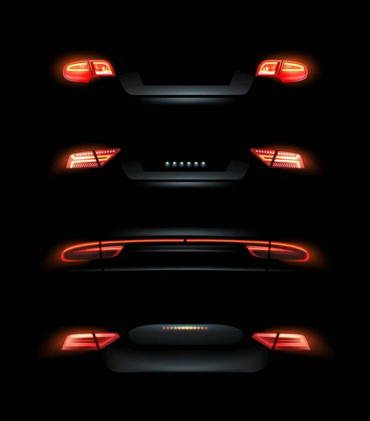 車のライトのベクトル イラスト、赤バック ヘッドライトの黒の背景に設定 — ストックベクタ