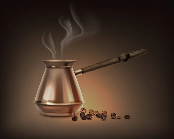 Ilustracja wektorowa tureckiej kawy garnek z drewnianą rączką, z aromatycznych steam na brązowym tle — Wektor stockowy