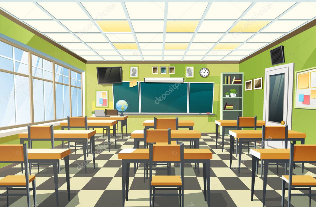 Vector illustration of an empty school classroom interior with a chalkboard on the green wall and desks on checkered floor