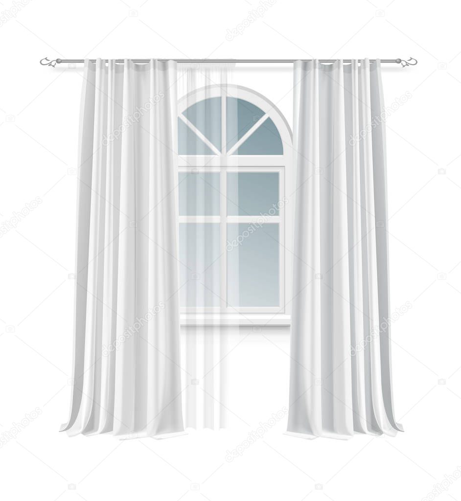 Vector illustration of arch window with long pair white curtains hanging on rod isolated on background