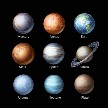 Güneş sisteminin gezegenleri gerçekçi collection vektör Illustration. Astronomi arka plan