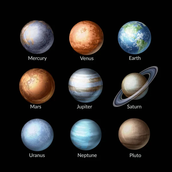 Vectorillustratie van realistische collectie planeten van het zonnestelsel. Achtergrond van de astronomie — Stockvector