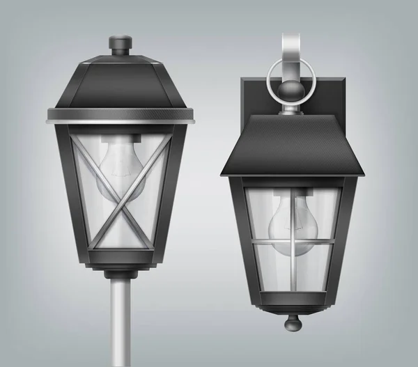 Vector illustration of vintage lantern on pole and wall, modern electrical lamps, outdoor street lights on background — 스톡 벡터