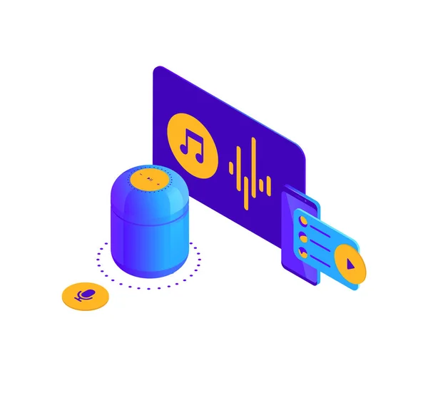 Ilustración isométrica vectorial del altavoz inteligente azul violeta, página de destino del asistente de voz digital activado — Vector de stock