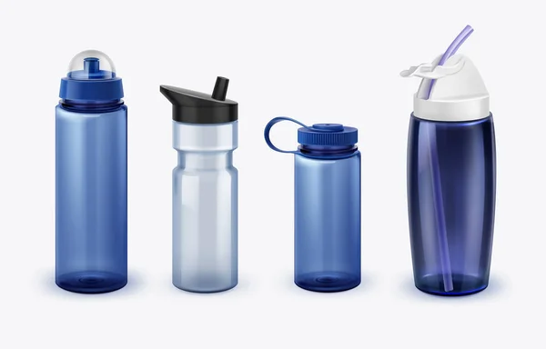 Ilustração vetorial de garrafas de água esporte definir várias formas e tamanho isolado no fundo —  Vetores de Stock