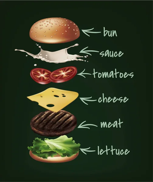 Ilustração vetorial de ingredientes de hambúrguer, hambúrguer explodido com alface, patty, tomates, queijo, pepino e pão —  Vetores de Stock