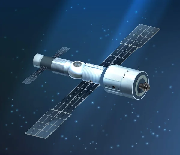 Ilustración vectorial de la estación espacial internacional orbitando sobre fondo estrellado — Archivo Imágenes Vectoriales