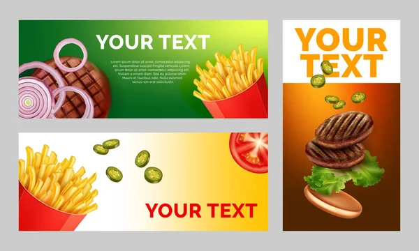 三个广告表的矢量插图, 有一张炸薯条和汉堡的图片, 为你的文字提供空间 — 图库矢量图片