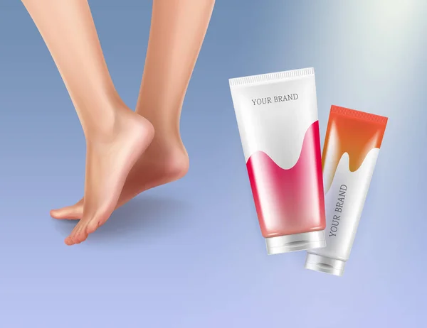 Vector illustration of female legs and tube of moisturizer cream on blue background — Stock Vector