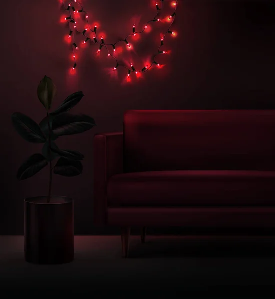 ภาพเวกเตอร์ของการ์แลนด์คริสต์มาส LED ในสีแดงในที่มืดภายใน — ภาพเวกเตอร์สต็อก