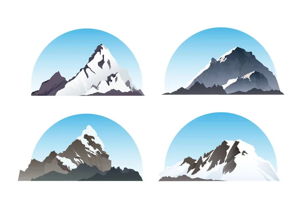 Conjunto vectorial de elementos montañosos y naturales. Ilustración de nieve paisaje de invierno con semicírculo en relieve aislado sobre fondo — Archivo Imágenes Vectoriales