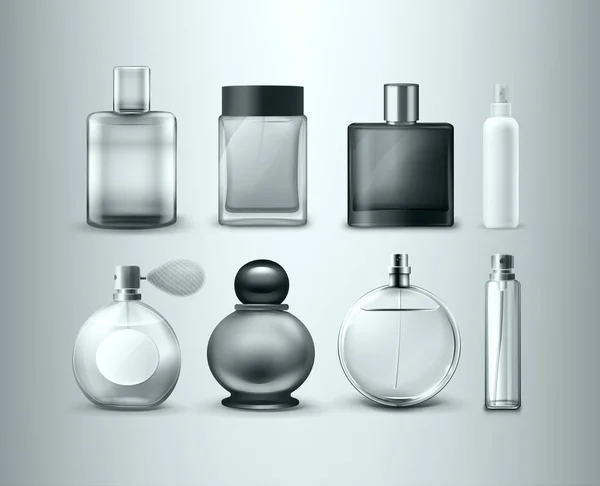 Ensemble vectoriel de différents flacons de parfum isolés sur fond — Image vectorielle