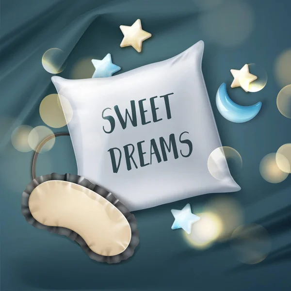 Ilustración realista vectorial de almohada blanca en blanco, máscara del sueño, juguetes, aislado en la hoja azul marino — Vector de stock