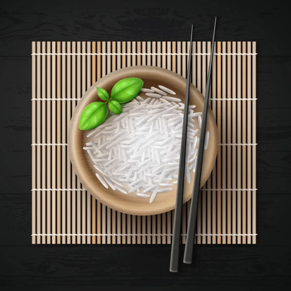 Vector illustration of bowl full of rice grains and basil with chopsticks on bamboo mat — Stock Vector