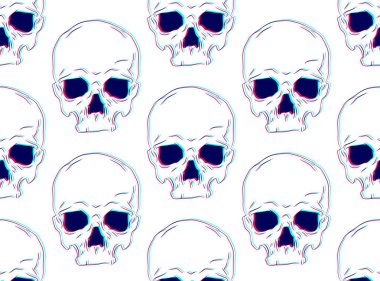 Vektör çizim insan kafatası ve Stereoskopik 3d ile ve arka plan üzerinde arıza etkisi ile seamless modeli