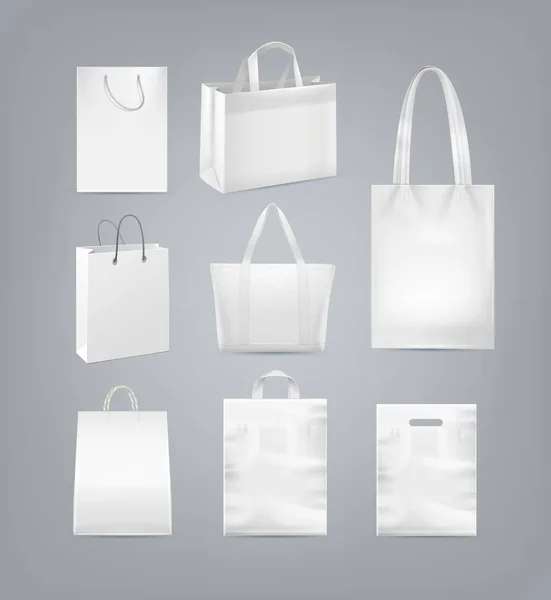 Conjunto vetorial de sacos de compras com alça feita a partir de papel branco, plástico e lona isolada no fundo —  Vetores de Stock