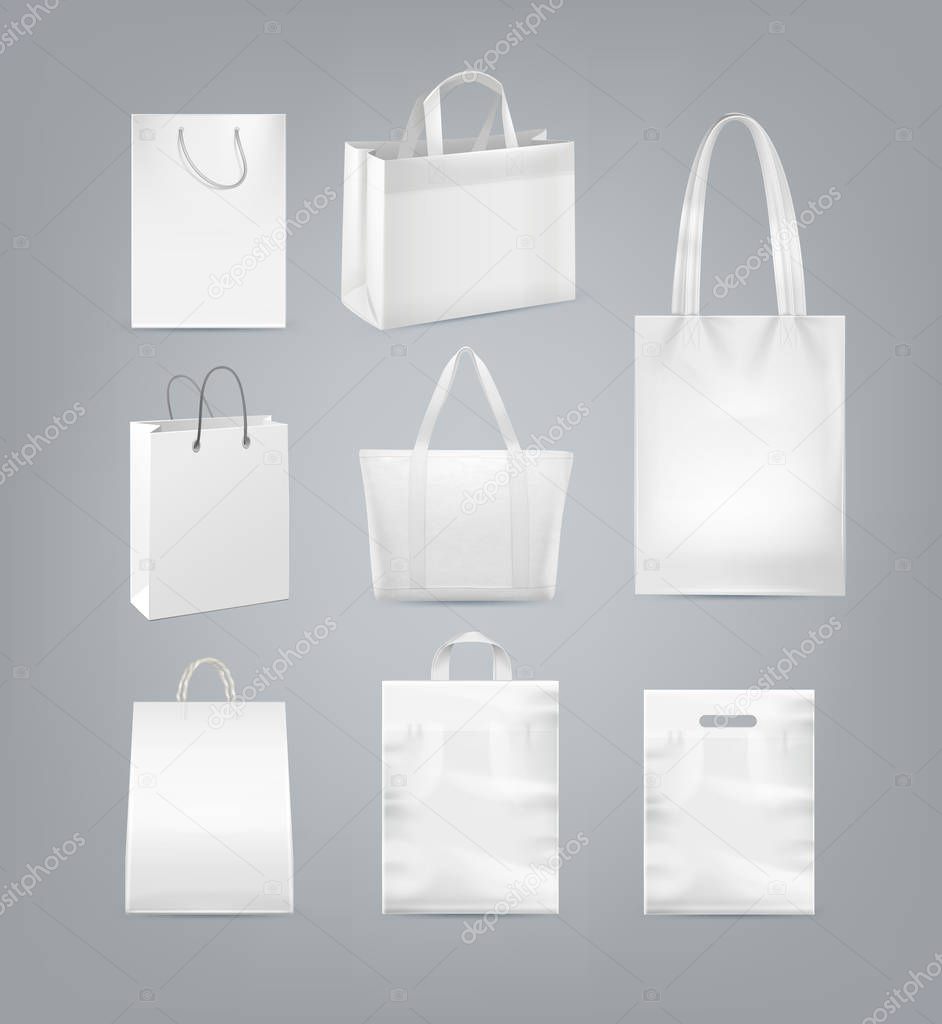 Conjunto vectorial de bolsas de compras con asa de papel blanco, plástico y  lienzo aislados sobre fondo Vector de Stock de ©Zonda 243314386