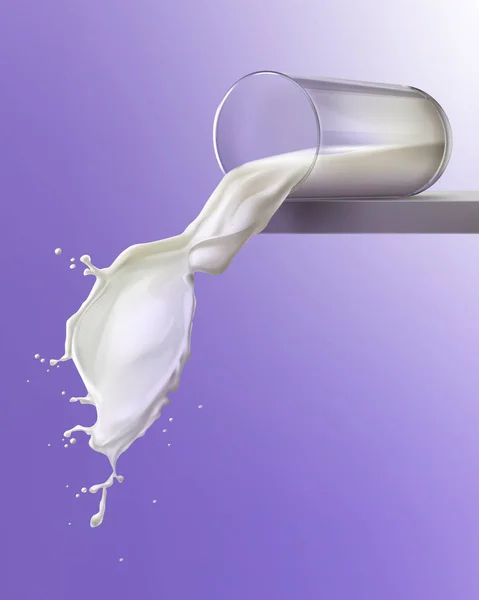 Ilustración vectorial de la leche derramada del vidrio transparente al chorro de leche ondulado en el fondo — Archivo Imágenes Vectoriales