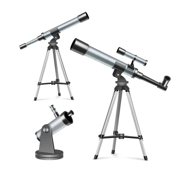 Ensemble vectoriel télescopes optiques argentés sur pied et trépied, instruments astronomiques isolés sur fond — Image vectorielle