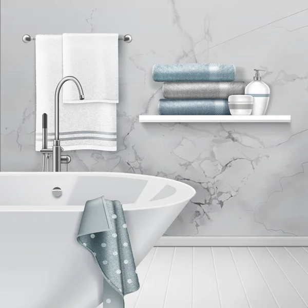 Ilustracja wektorowa lnterior w łazience wisi i składane ręczniki i mydło na półce na tle ściany z marmuru — Wektor stockowy