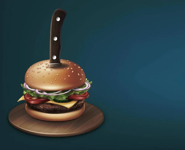 Cheeseburger poignardé avec un couteau sur une assiette ronde en bois. Illustration vectorielle sur fond avec espace pour le texte — Image vectorielle