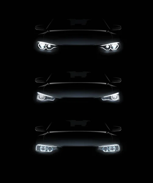 車のベクトル イラスト黒背景の白いヘッドライトのセットのスタイリッシュな自動車シルエット現実的なが点灯します — ストックベクタ