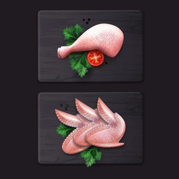 Illustration vectorielle de cuisse et d'ailes de poulet crues avec grains de poivre, tomates et persil sur planche à découper noire en bois — Image vectorielle