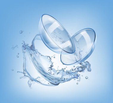 Vektör çizim gerçekçi kontakt lensler su içinde gözler için. Reklamlar şablon arka plan üzerinde