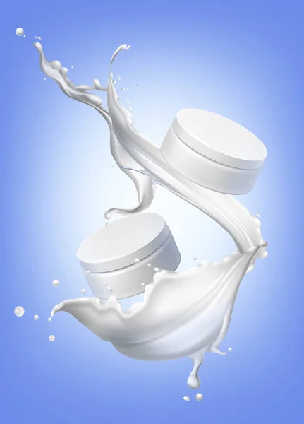 Vectorillustratie van realistische kunststof cosmetische pot voor hydraterende crème met witte splash op achtergrond — Stockvector