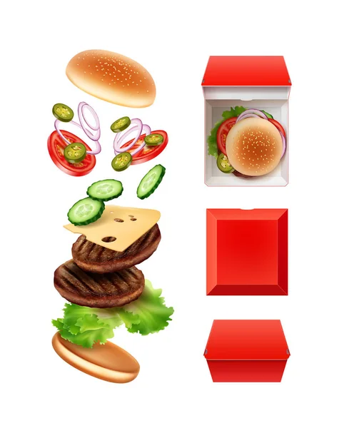 Векторная иллюстрация полета большого двойного чизбургера в взорванном виде с красной коробкой, изолированной на белом фоне — стоковый вектор