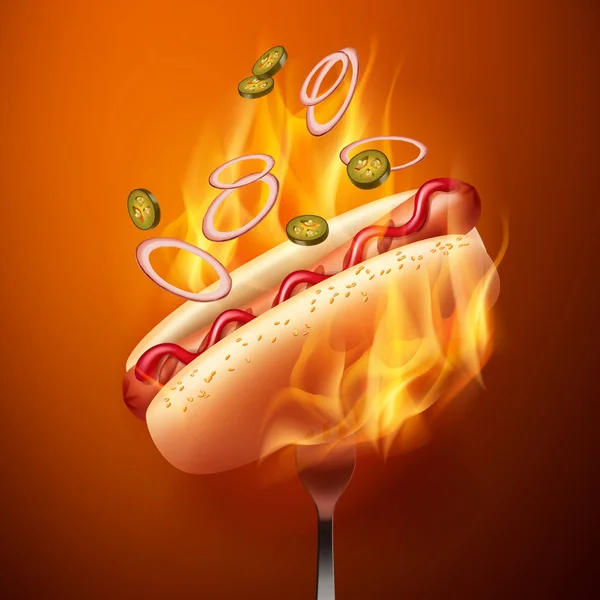 Illustration vectorielle de hot dog à la saucisse grillée en pain au sésame et aux jalapenos tombants et à l'oignon à la fourchette en feu — Image vectorielle