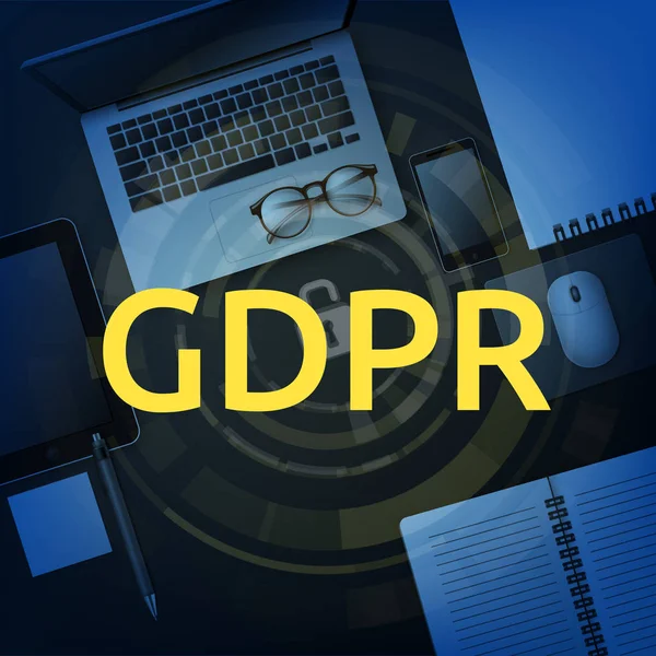 Ilustración vectorial de mesa de oficina con ordenador portátil, vista superior y Reglamento General de Protección de Datos o abreviatura GDPR — Archivo Imágenes Vectoriales