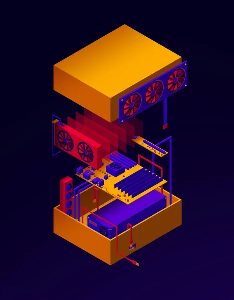 Векторная иллюстрация сборки сервера для криптовалютной горнодобывающей фермы. Блокчейн — стоковый вектор
