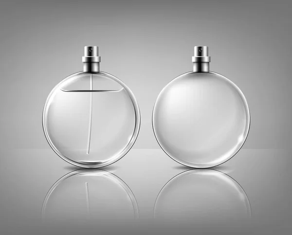 Botella redonda vectorial de perfume y vacía, aislada sobre fondo gris — Archivo Imágenes Vectoriales