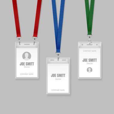 Vector set of identification cards on red, blue and green lanyards. Illustration of name tag holder end badge templates clipart