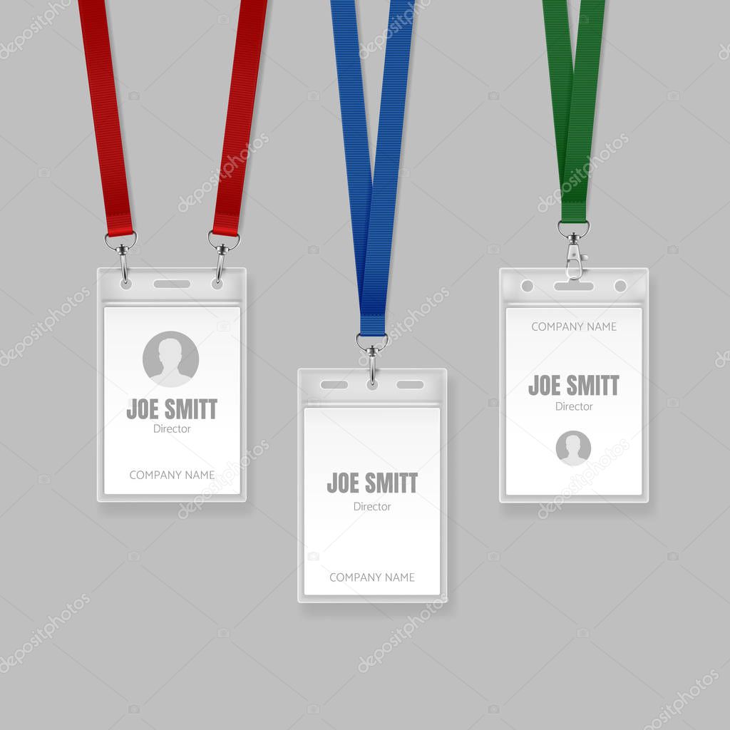 Vector set of identification cards on red, blue and green lanyards. Illustration of name tag holder end badge templates