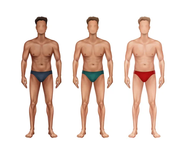 Ilustración vectorial de tres hombres de pie con diferentes nacionalidades y tipos de piel y en ropa interior sobre fondo — Archivo Imágenes Vectoriales